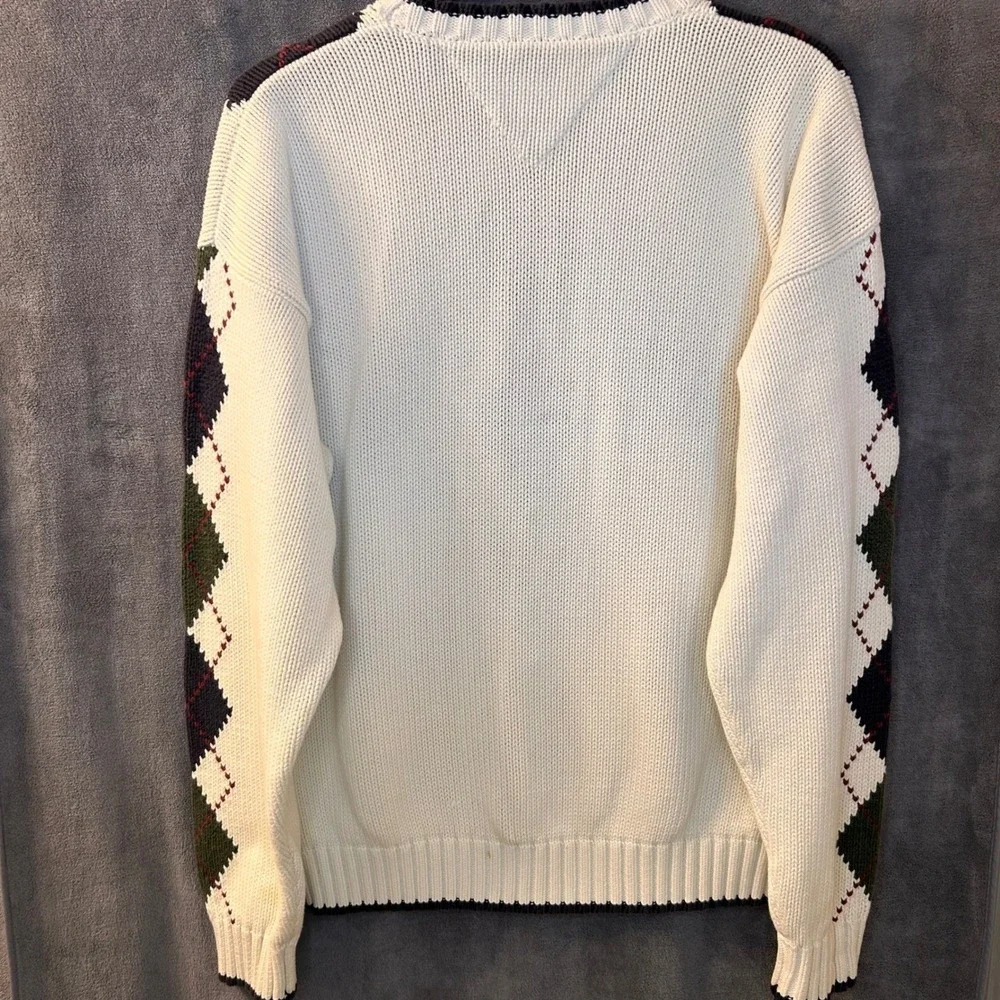 VTG Tommy Hilfiger Men's XL Argyle Heavy Knit Sweater Ivory Green Navy Cotton